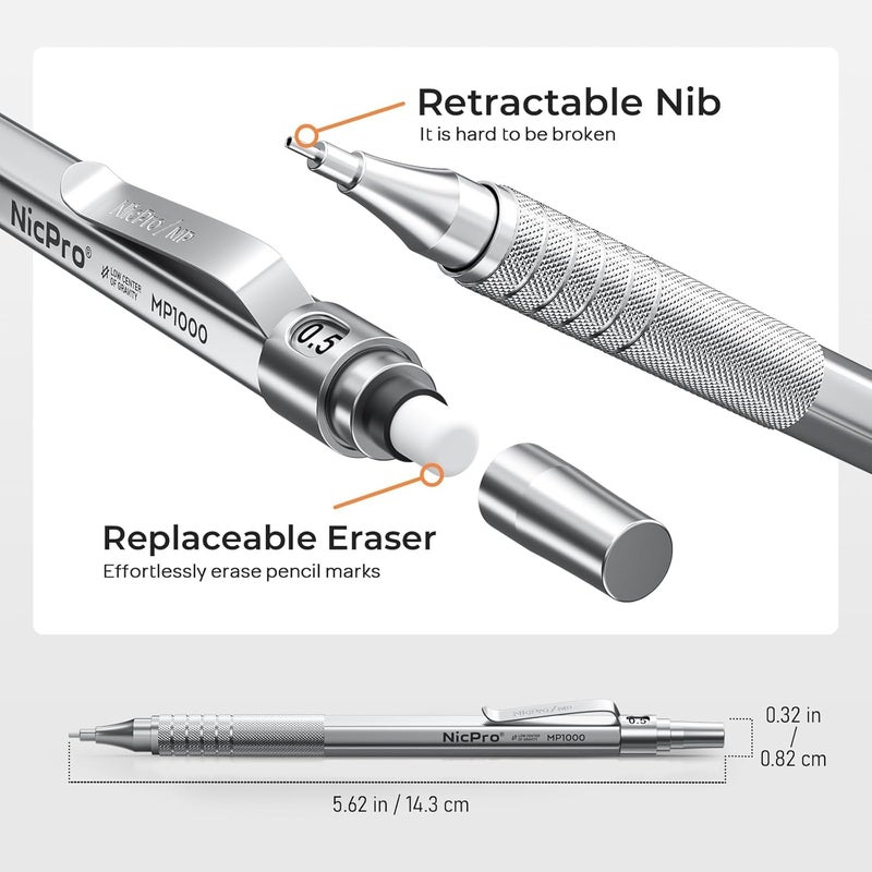 Nicpro 45PCS Black & Silver Metal Mechanical Pencil Set in Leather Case, Art Drafting Pencil 0.5, 0.7, 0.9 mm, 2mm Lead Holders for Sketching Drawing With 27 Tube (6B 4B 2B HB 2H 4H Colors)Lead Refill - Image 3
